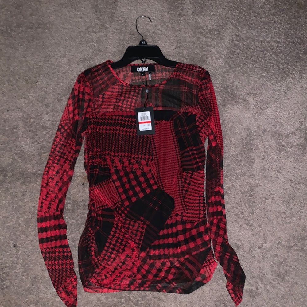 DKNY Crew Neck Long Sleeve Printed Mesh Top
